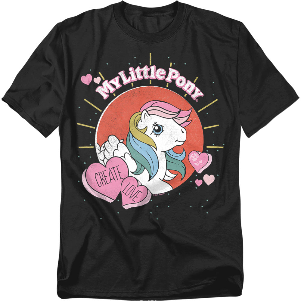 Black My Little Pony t-shirt with a vintage rainbow-maned pony, hearts, and the text “Create Love.”