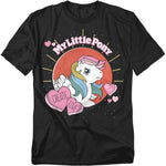 Black My Little Pony t-shirt with a vintage rainbow-maned pony, hearts, and the text “Create Love.”