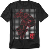 Black t-shirt featuring a red outline of Optimus Prime in action, set over a metallic-style grid background with the red Autobot logo.