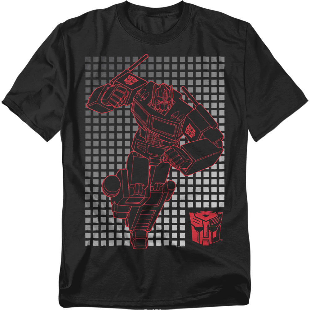 Black t-shirt featuring a red outline of Optimus Prime in action, set over a metallic-style grid background with the red Autobot logo.