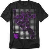 Black t-shirt featuring a neon purple outline of Transformers villain Megatron over a silver grid background with the Decepticon logo.
