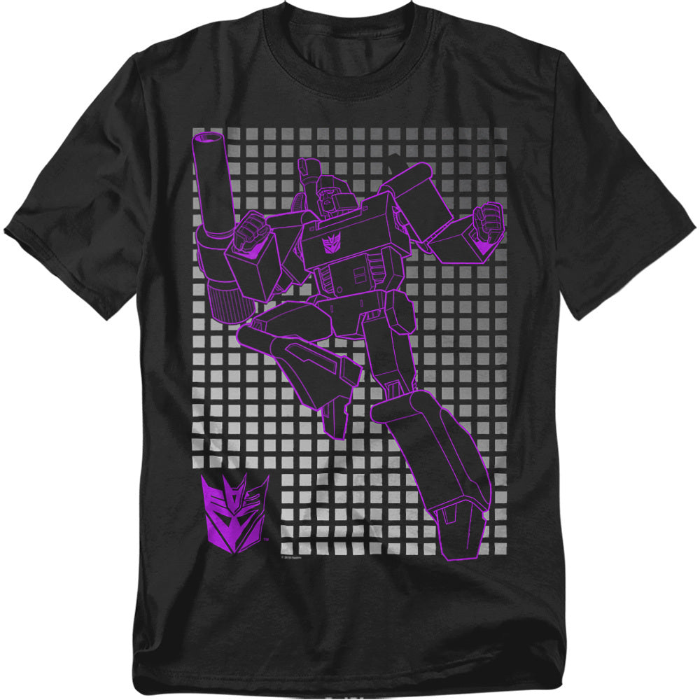 Black t-shirt featuring a neon purple outline of Transformers villain Megatron over a silver grid background with the Decepticon logo.