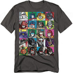 Charcoal t-shirt featuring a colorful grid of classic Transformers character faces, including Autobots and Decepticons from the Generation 1 cartoon.