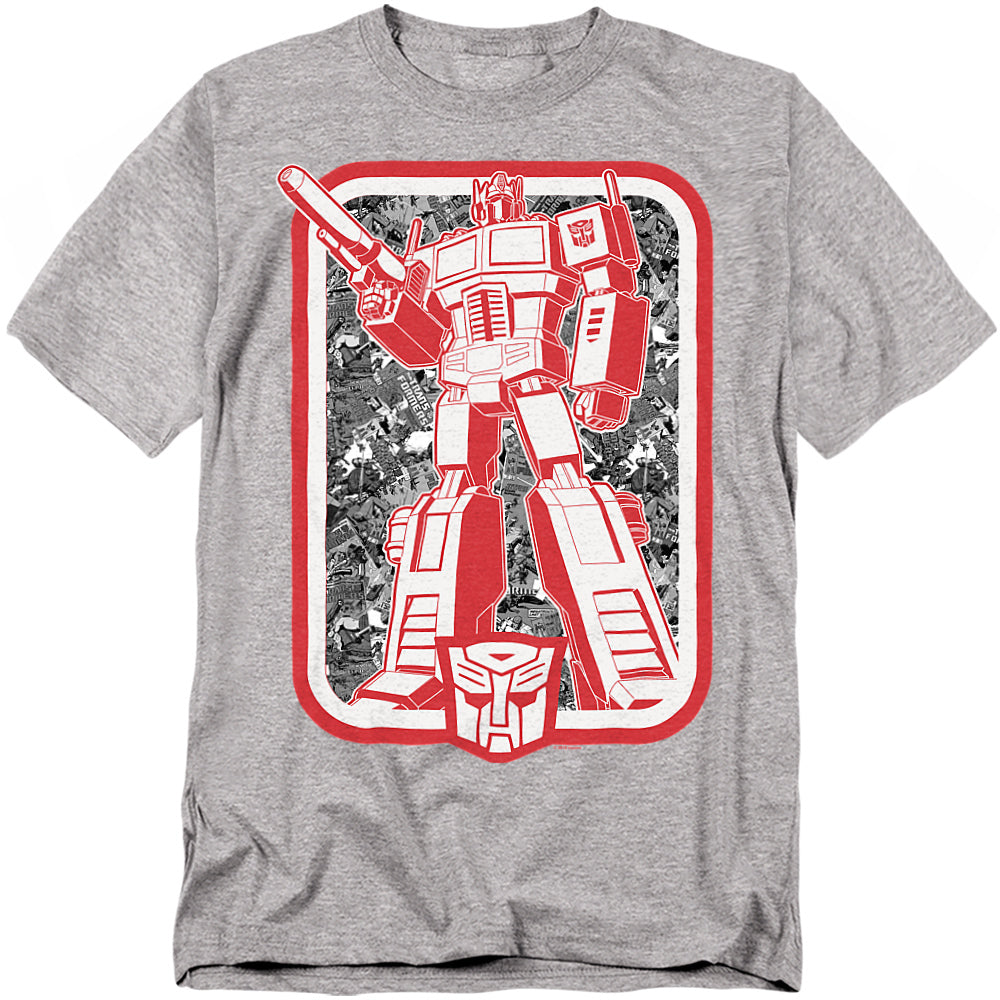 Gray t-shirt featuring Optimus Prime with a red Autobot logo below, styled in retro Transformers cartoon artwork.
