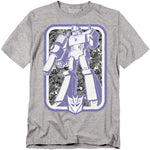 Gray t-shirt featuring a large graphic of Megatron with the purple Decepticon logo beneath him, styled in retro Transformers cartoon artwork.