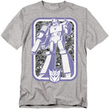 Gray t-shirt featuring a large graphic of Megatron with the purple Decepticon logo beneath him, styled in retro Transformers cartoon artwork.