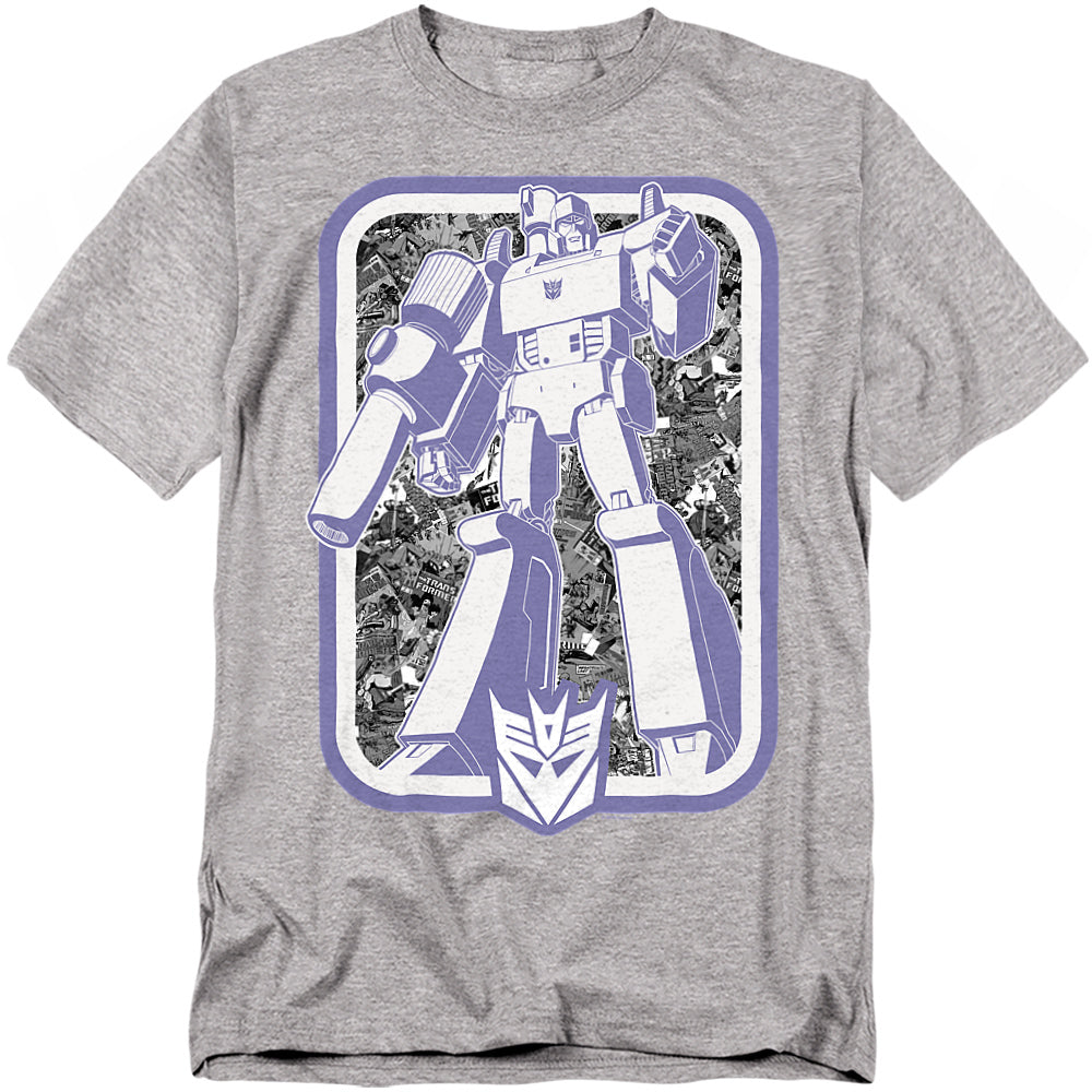 Gray t-shirt featuring a large graphic of Megatron with the purple Decepticon logo beneath him, styled in retro Transformers cartoon artwork.
