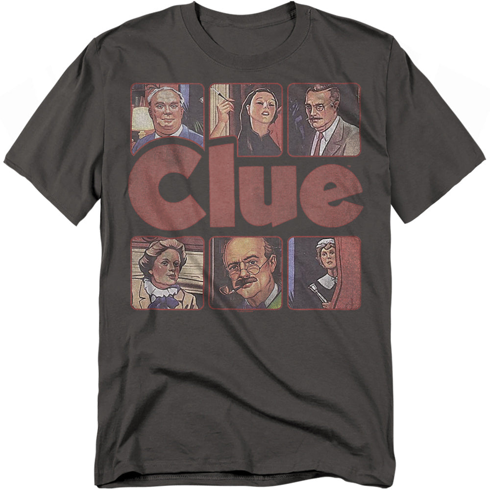 Dark grey t-shirt featuring the word “Clue” in bold red letters, surrounded by vintage portraits of the game’s classic characters.