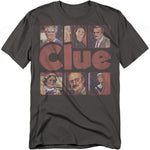 Dark grey t-shirt featuring the word “Clue” in bold red letters, surrounded by vintage portraits of the game’s classic characters.