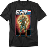Black t-shirt featuring G.I. Joe’s Duke in green uniform with helmet and rifle, displayed in vintage cardback art style with explosive background.