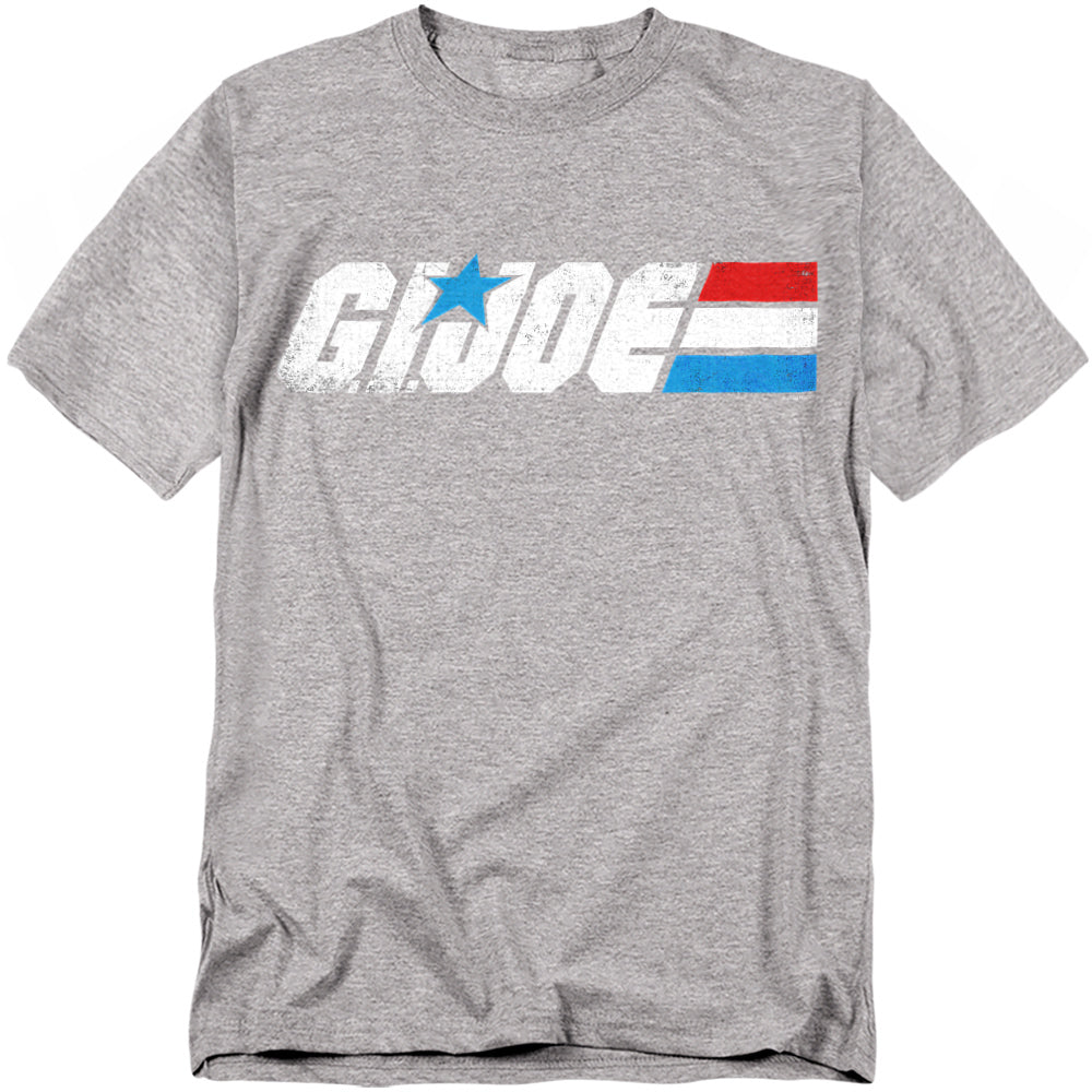 Heather gray t-shirt featuring the distressed white G.I. Joe logo with a blue star and red-white-blue stripes.
