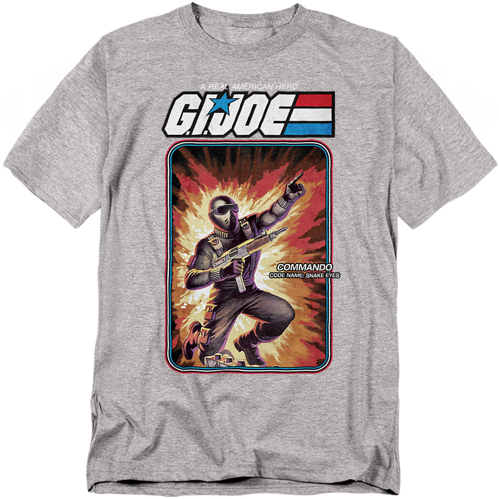 Heather gray t-shirt featuring G.I. Joe Snake Eyes in explosive vintage cardback artwork with the G.I. Joe logo above.