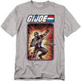 Heather gray t-shirt featuring G.I. Joe Snake Eyes in explosive vintage cardback artwork with the G.I. Joe logo above.