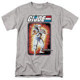 Heather gray t-shirt featuring G.I. Joe’s Storm Shadow in his classic white ninja outfit with swords, against explosive vintage card art background.