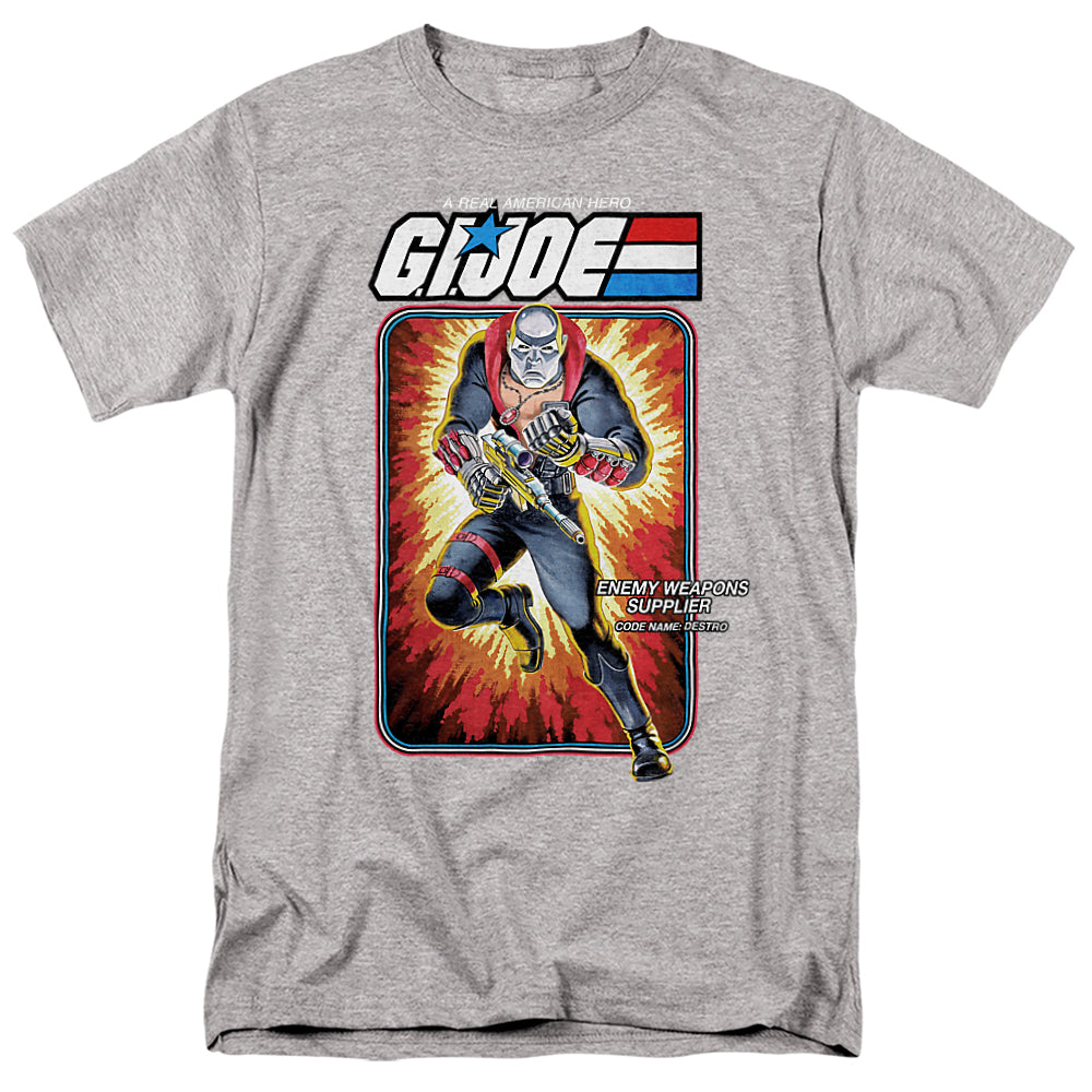Gray t-shirt featuring G.I. Joe’s Destro in vintage cardback art style, wearing his steel mask and black suit with red accents against explosive background.