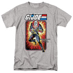 Gray t-shirt featuring G.I. Joe’s Destro in vintage cardback art style, wearing his steel mask and black suit with red accents against explosive background.