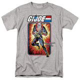 Gray t-shirt featuring G.I. Joe’s Destro in vintage cardback art style, wearing his steel mask and black suit with red accents against explosive background.