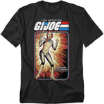 Black t-shirt featuring G.I. Joe’s Scarlett in her vintage action figure cardback artwork style, holding her crossbow with explosive background.