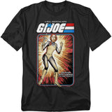 Black t-shirt featuring G.I. Joe’s Scarlett in her vintage action figure cardback artwork style, holding her crossbow with explosive background.