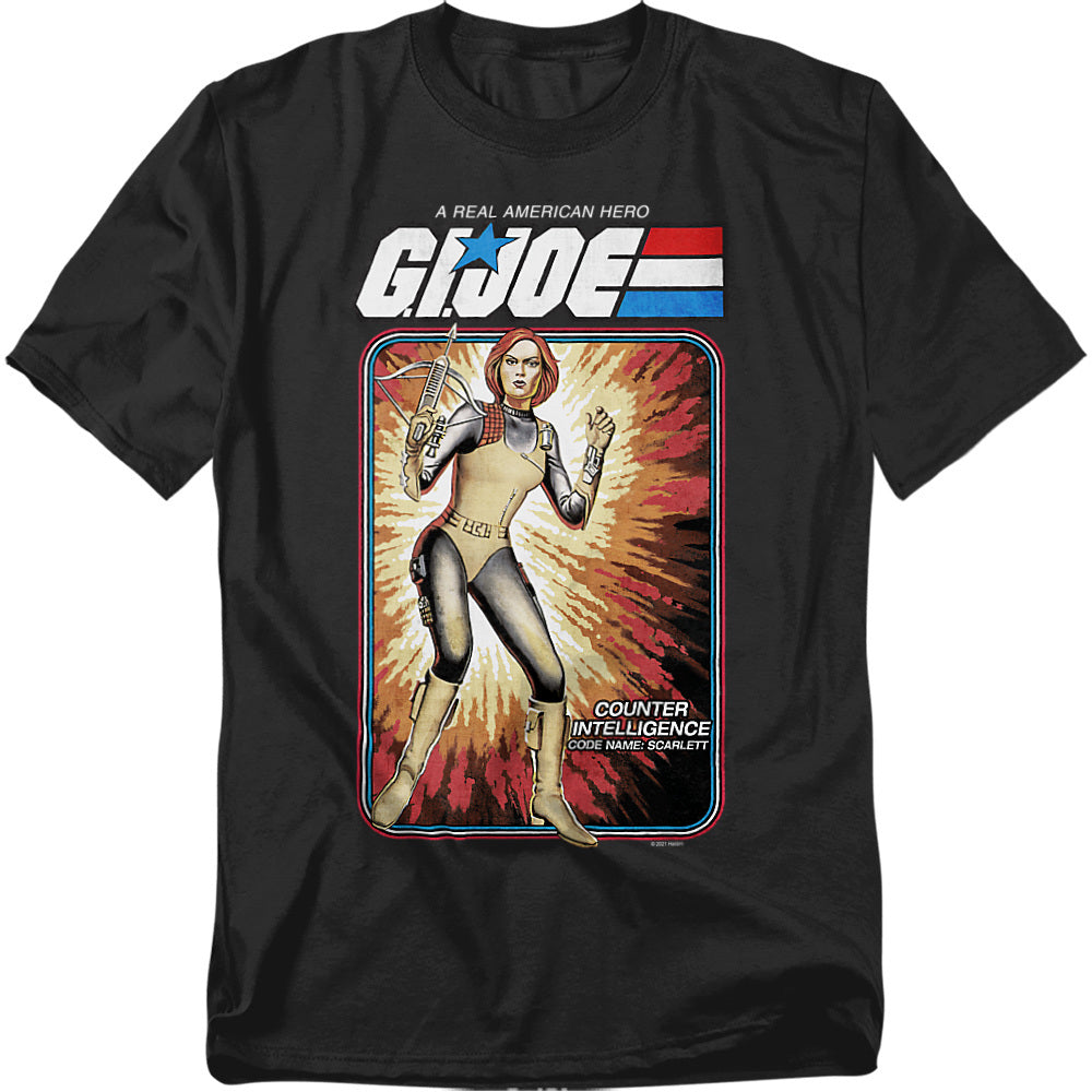 Black t-shirt featuring G.I. Joe’s Scarlett in her vintage action figure cardback artwork style, holding her crossbow with explosive background.