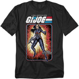 Black t-shirt featuring G.I. Joe’s Cobra Baroness in vintage cardback artwork style, dressed in black Cobra uniform with red logo and explosive background.