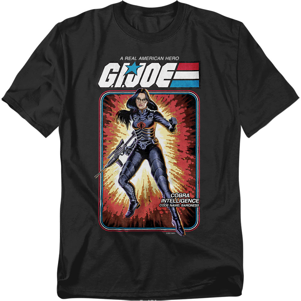 Black t-shirt featuring G.I. Joe’s Cobra Baroness in vintage cardback artwork style, dressed in black Cobra uniform with red logo and explosive background.