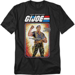 Black t-shirt featuring G.I. Joe’s Flint in vintage cardback artwork style, holding a shotgun with a raised fist against an explosive background.
