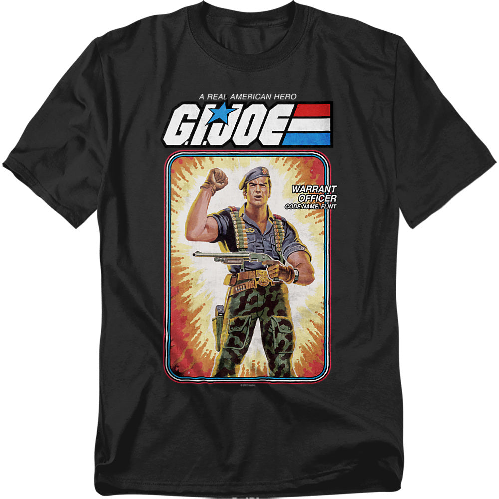 Black t-shirt featuring G.I. Joe’s Flint in vintage cardback artwork style, holding a shotgun with a raised fist against an explosive background.
