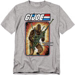 Grey t-shirt featuring G.I. Joe’s Roadblock in vintage cardback artwork style, holding a heavy machine gun against an explosive background.
