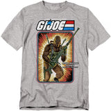 Grey t-shirt featuring G.I. Joe’s Roadblock in vintage cardback artwork style, holding a heavy machine gun against an explosive background.