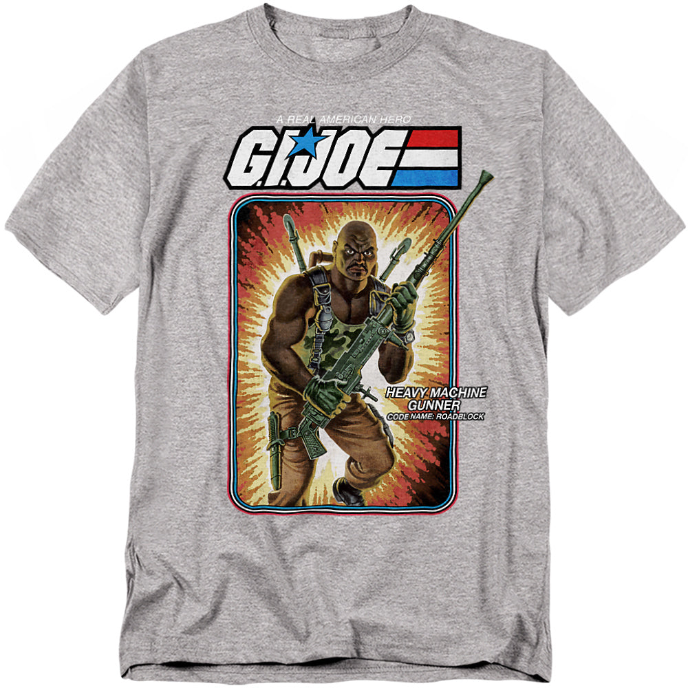 Grey t-shirt featuring G.I. Joe’s Roadblock in vintage cardback artwork style, holding a heavy machine gun against an explosive background.
