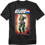 Black t-shirt featuring G.I. Joe character Lady Jaye in vintage cardback artwork style, holding her signature weapon against an explosive background.