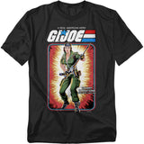 Black t-shirt featuring G.I. Joe character Lady Jaye in vintage cardback artwork style, holding her signature weapon against an explosive background.