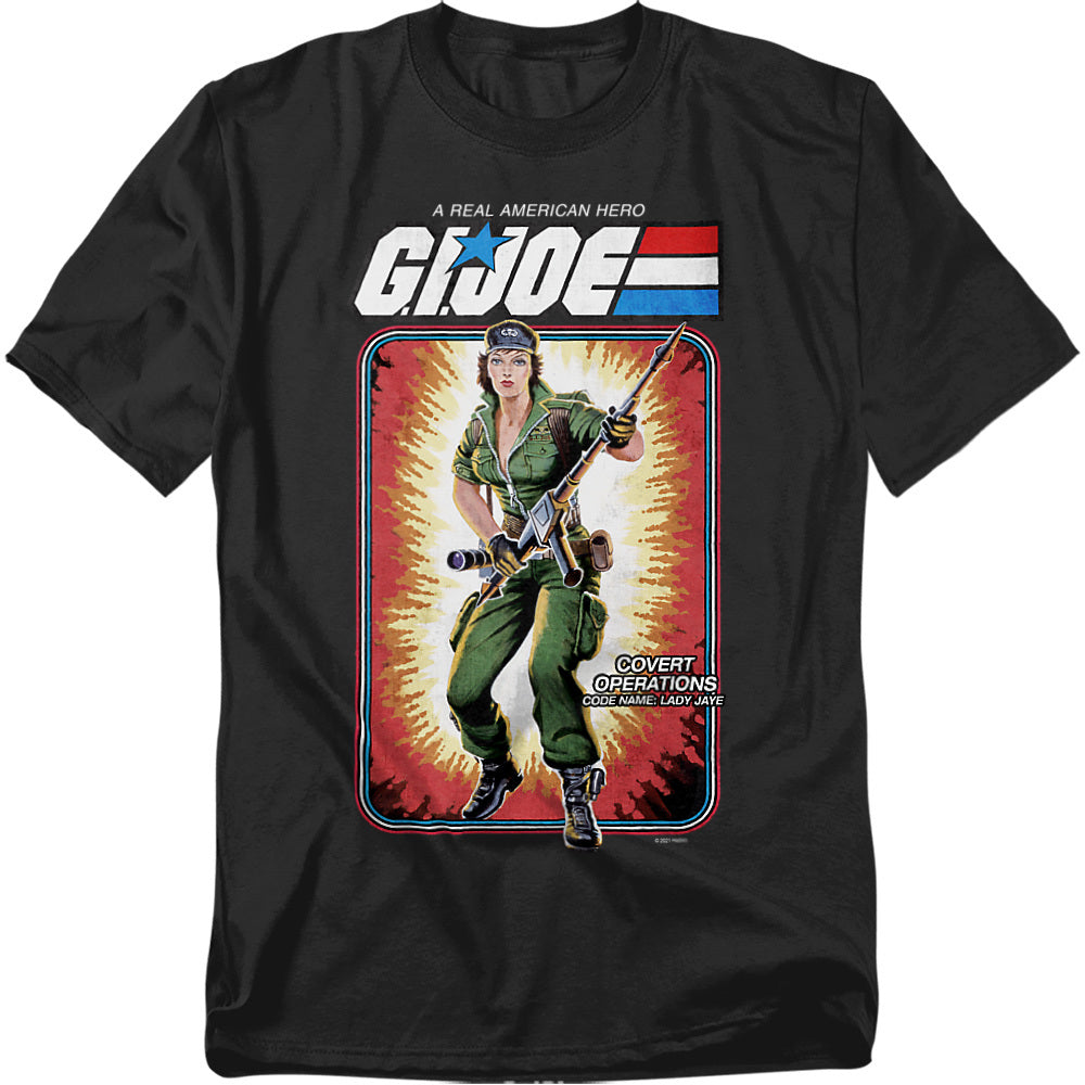 Black t-shirt featuring G.I. Joe character Lady Jaye in vintage cardback artwork style, holding her signature weapon against an explosive background.
