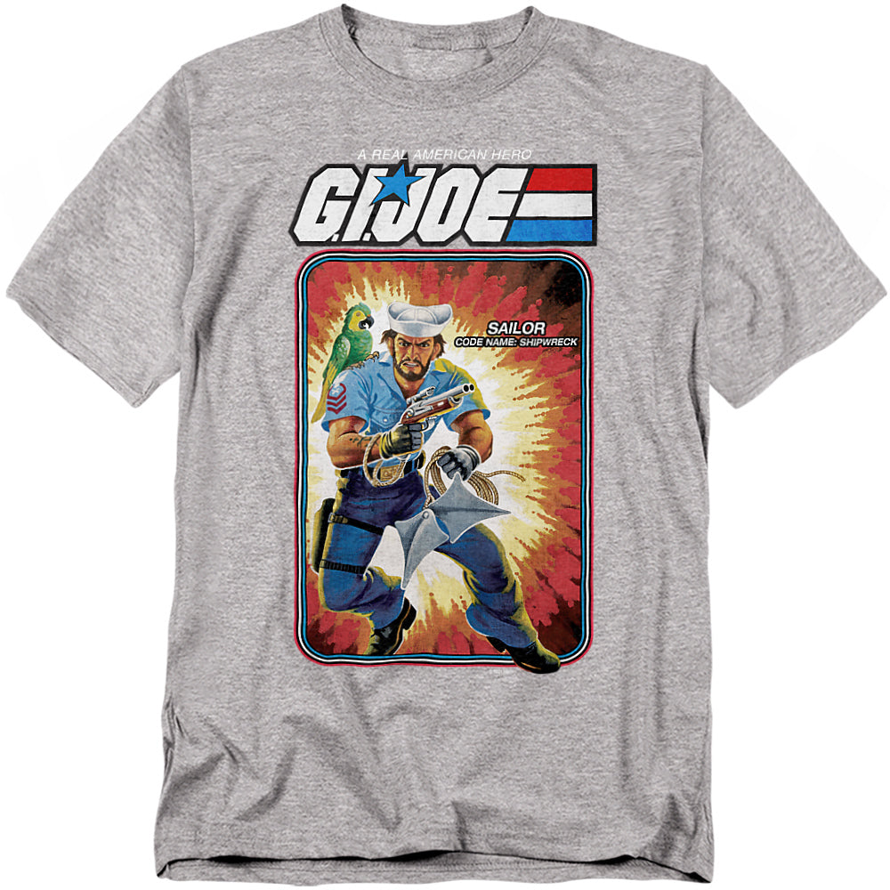 Heather gray t-shirt featuring G.I. Joe character Shipwreck in classic cardback artwork style with parrot Polly on his shoulder.