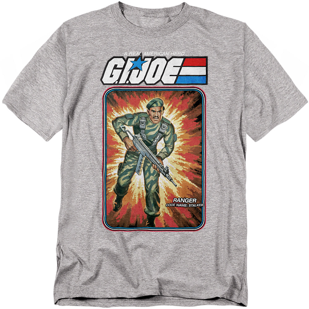 Heather gray t-shirt featuring G.I. Joe’s Stalker Ranger in vintage explosive action artwork with the G.I. Joe logo above.