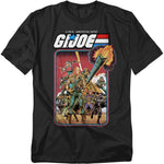 Black t-shirt featuring G.I. Joe cartoon artwork with the team in action and the logo reading “A Real American Hero.”