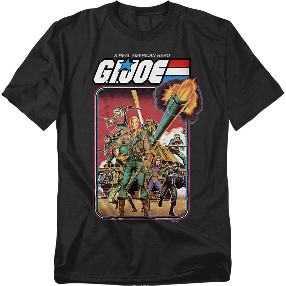 Black t-shirt featuring G.I. Joe cartoon artwork with the team in action and the logo reading “A Real American Hero.”