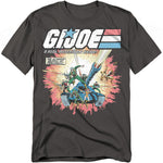 Charcoal gray t-shirt featuring classic G.I. Joe comic book art with heroes charging from a tank, firing weapons, and text reading “The Ultimate Weapon of Democracy.”
