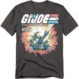 Charcoal gray t-shirt featuring classic G.I. Joe comic book art with heroes charging from a tank, firing weapons, and text reading “The Ultimate Weapon of Democracy.”