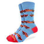 Blue crew socks featuring repeating red Hot Wheels muscle car pattern with red toes, heels, and cuffs.