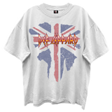 White t-shirt with Def Leppard logo and Union Jack design on a white background