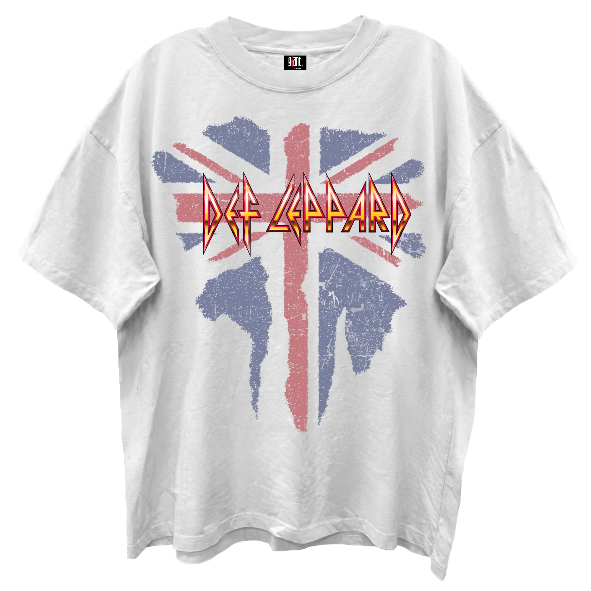 White t-shirt with Def Leppard logo and Union Jack design on a white background
