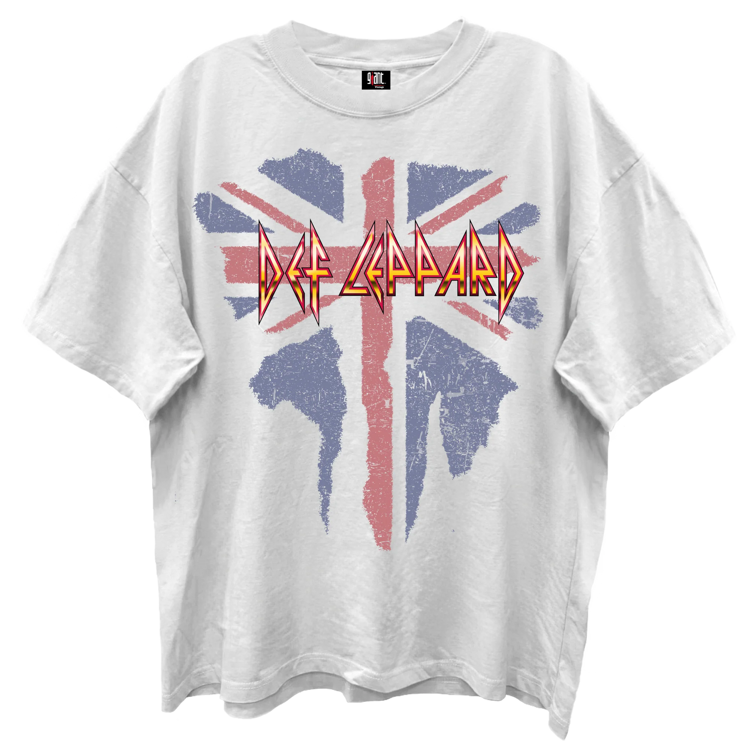 White t-shirt with Def Leppard logo and Union Jack design on a white background