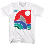 White T-shirt featuring a retro JAWS 1975 graphic with shark fin, red sun, and multicolor waves in a minimalist 70s style.