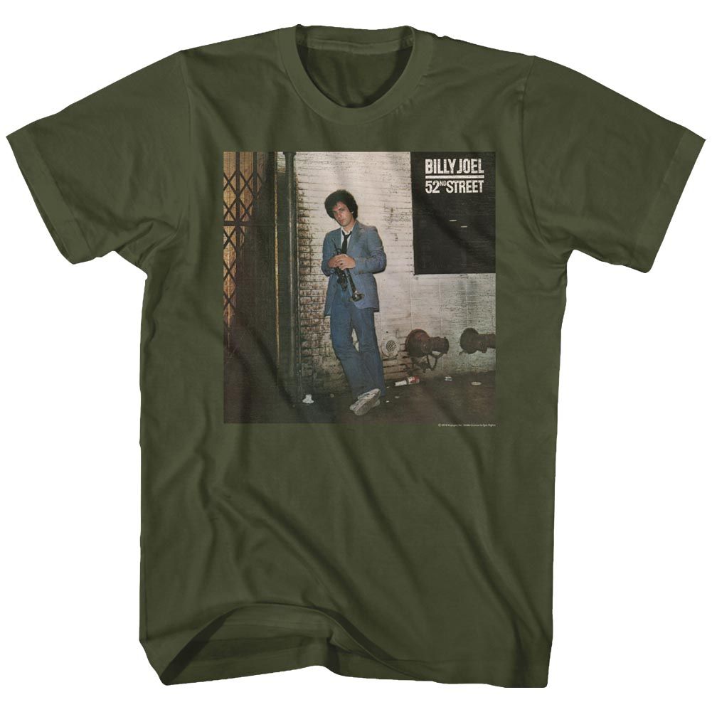 Olive green Billy Joel 52nd Street album cover graphic t-shirt featuring classic vintage album artwork