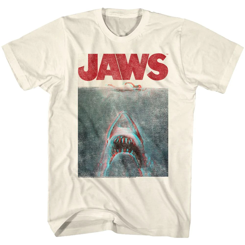 Off-white Jaws T-shirt featuring classic 1975 movie poster with red-cyan 3-D shark graphic