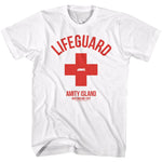 White Jaws Lifeguard T-shirt with red cross and Amity Island 1975 graphic