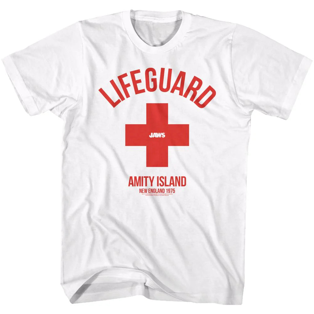 White Jaws Lifeguard T-shirt with red cross and Amity Island 1975 graphic
