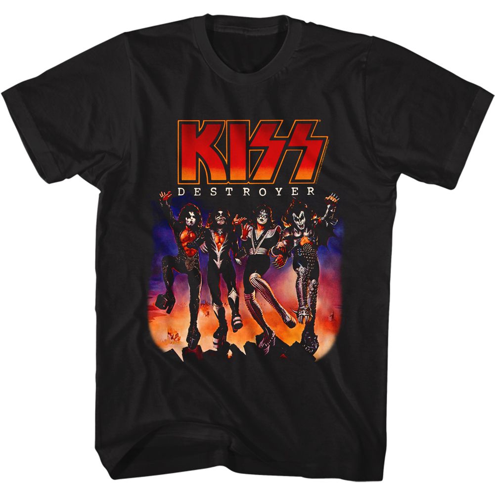 Black T-shirt featuring the KISS Destroyer album artwork with the band standing over fiery rubble.